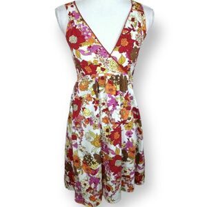 THEME PINK, RED, YELLOW, & WHITE V-NECK DRESS SZ.S EUC